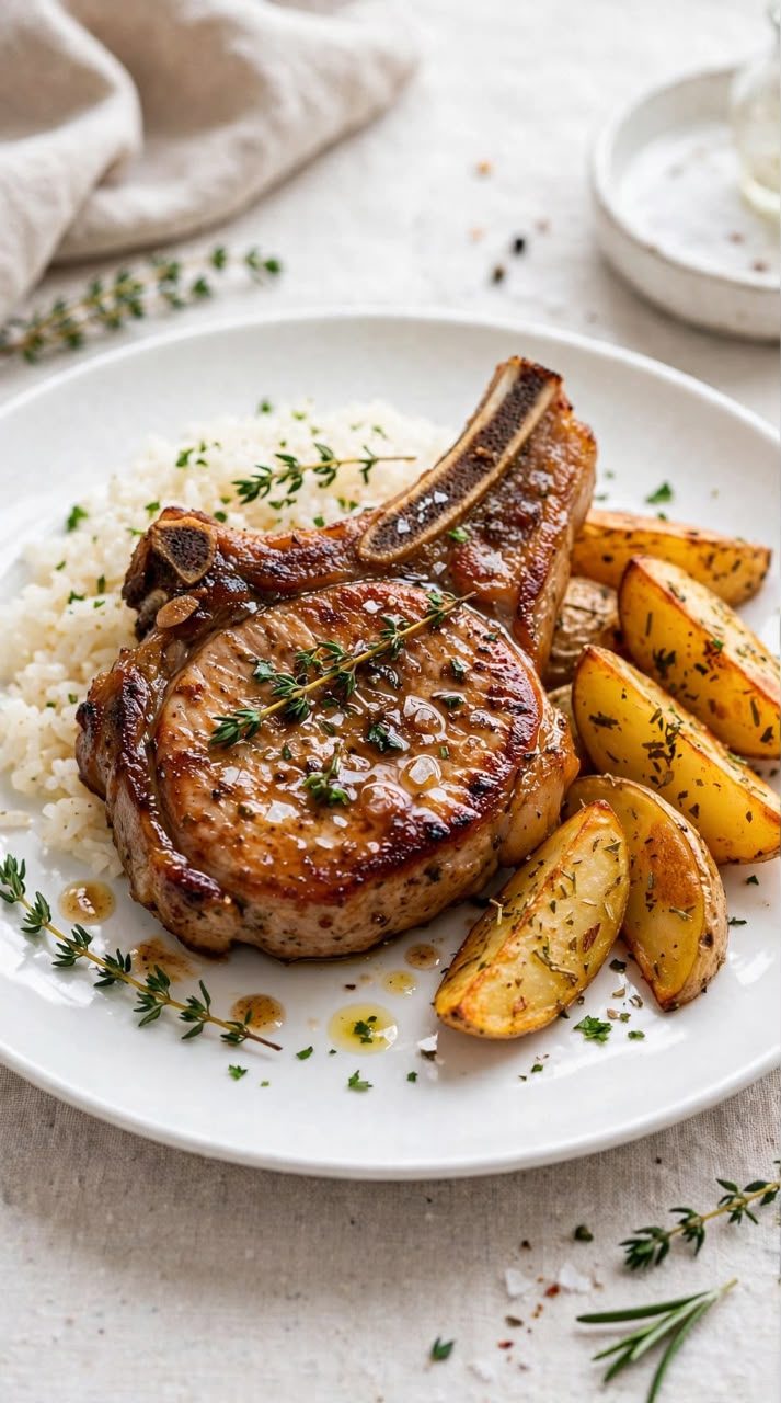 Chuleta de cerdo con papas rústicas y arroz
