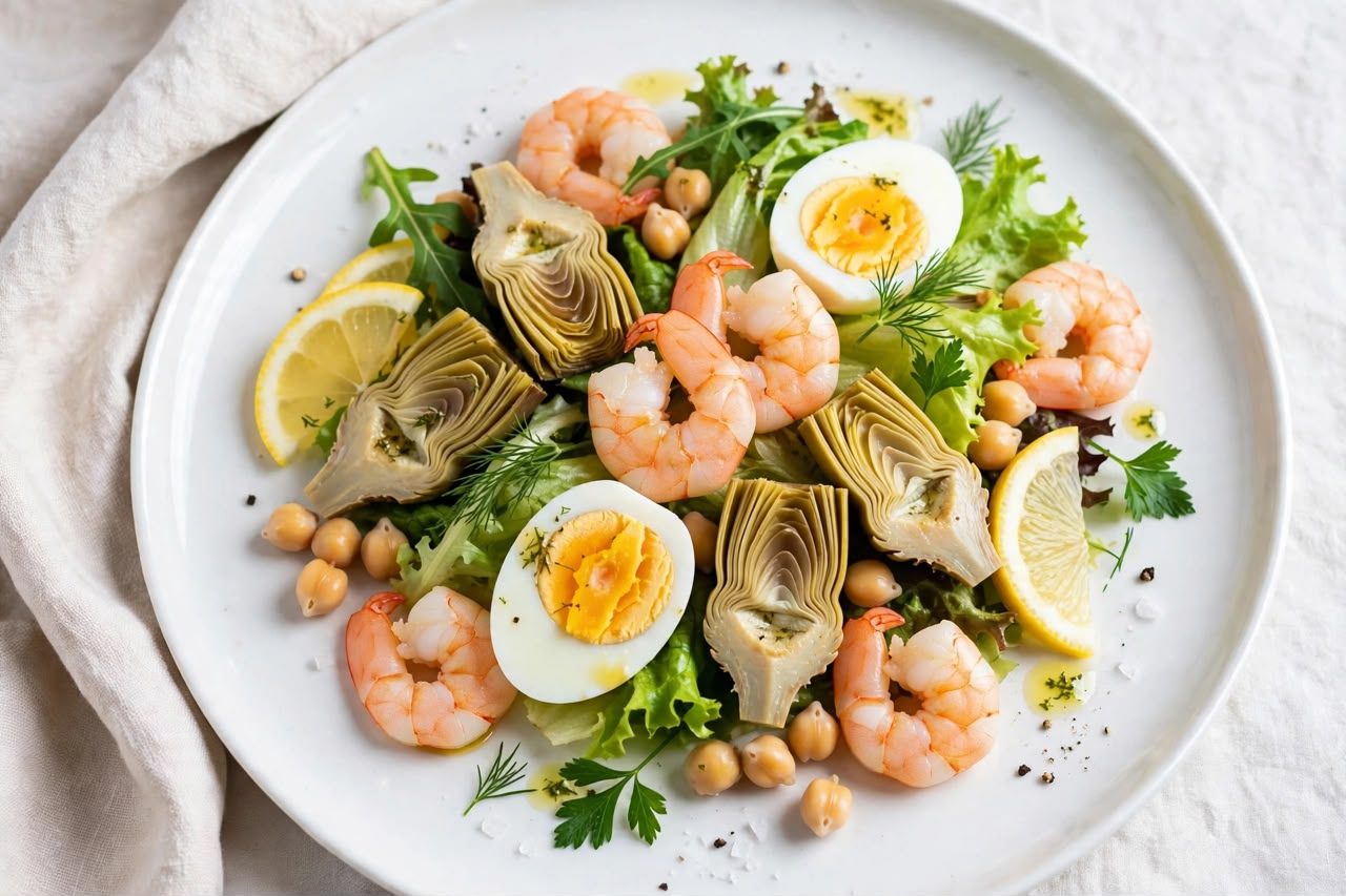 Ensalada de camarones, alcachofa y huevo